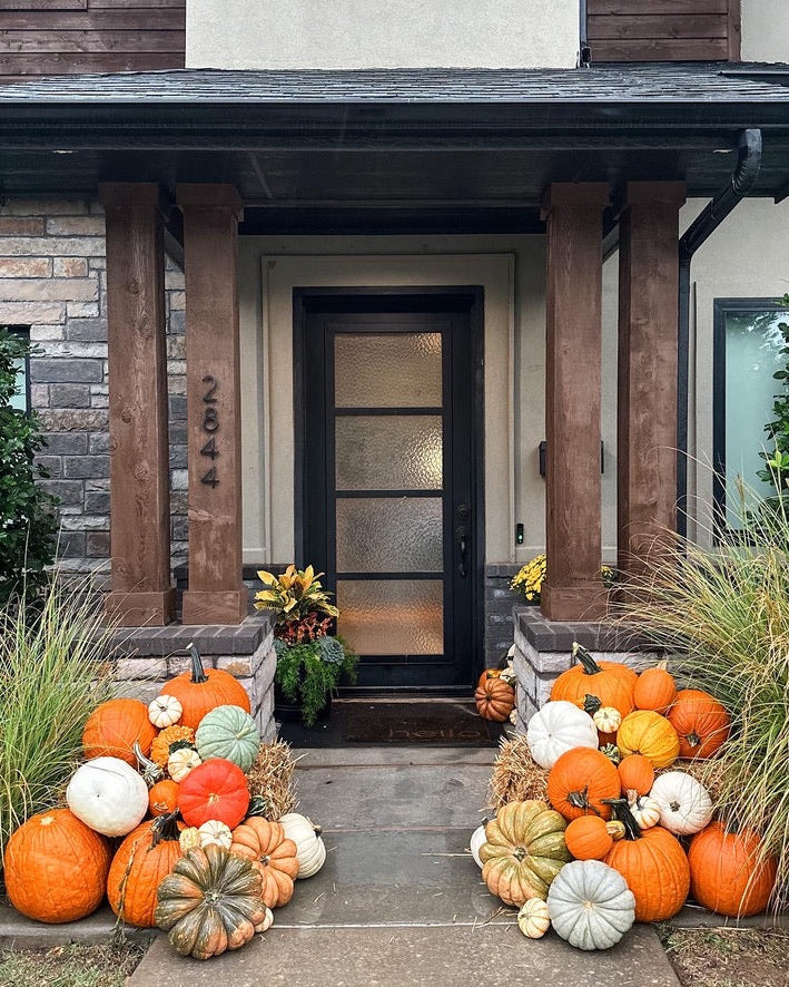 A front porch decorated with large and small orange, white, and striped pumpkins arranged on both sides of the entryway, with potted plants and a stone-and-stucco house in the background in central florida.